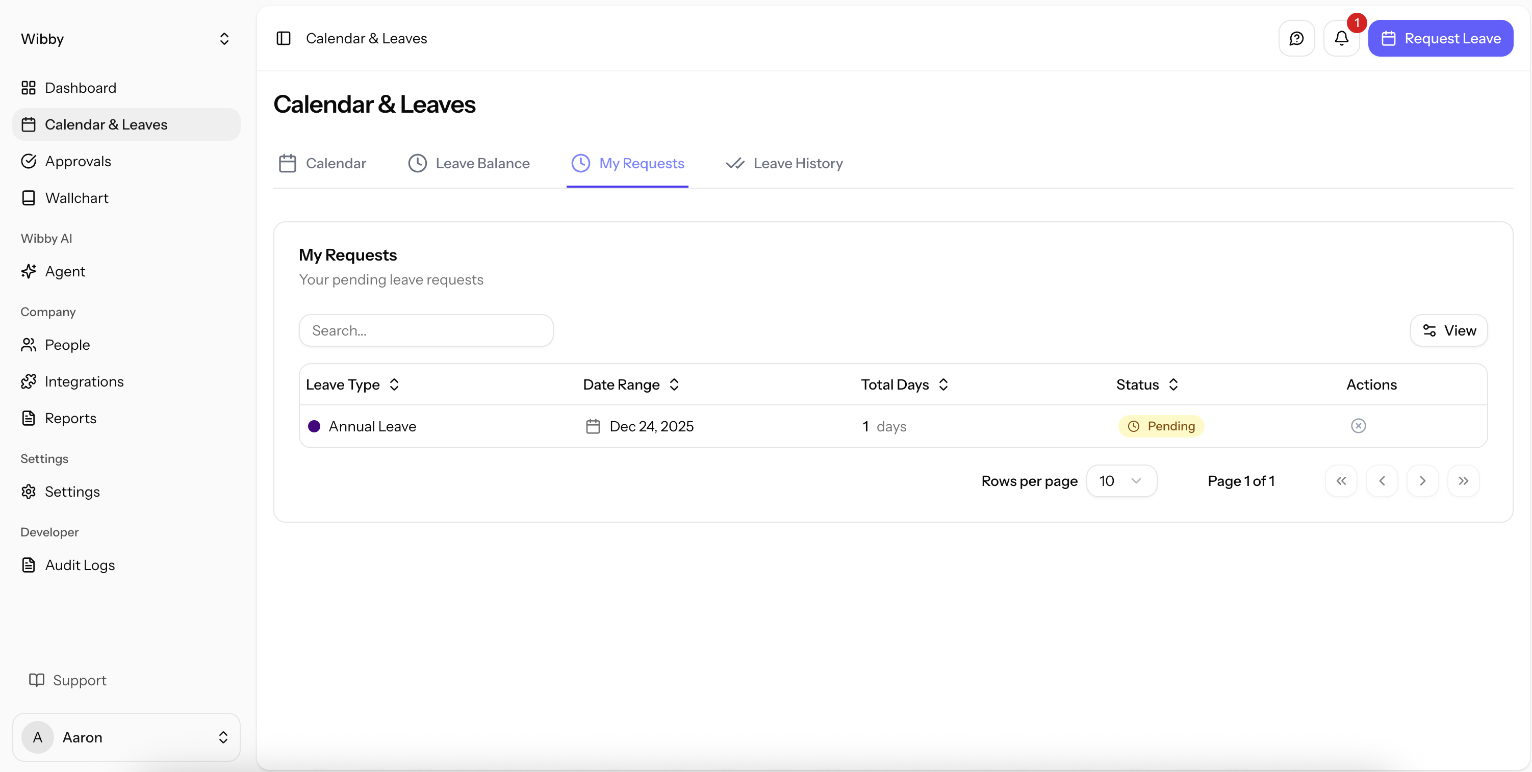 My Requests page showing pending leave requests