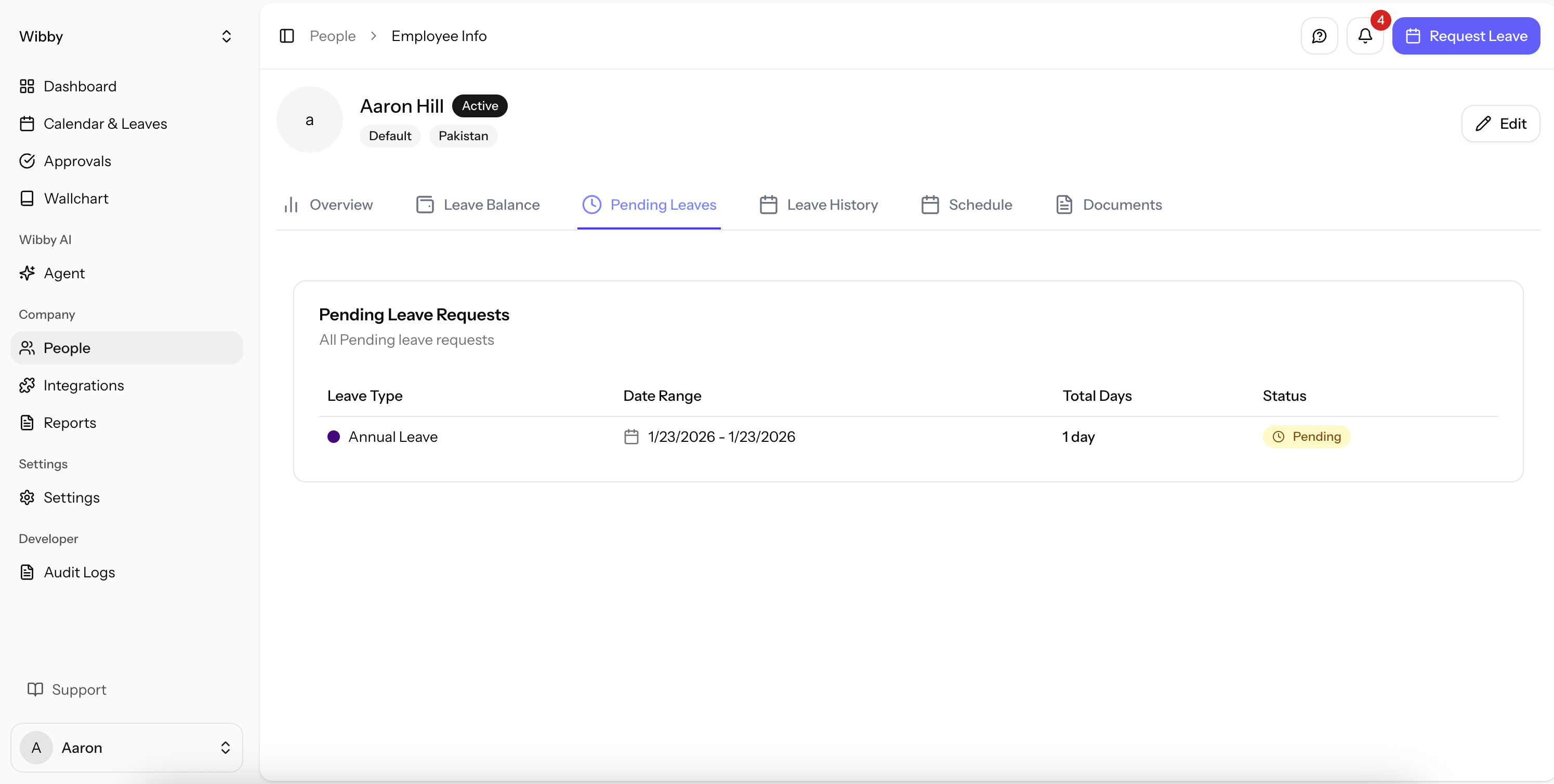 My Requests page showing pending leave requests